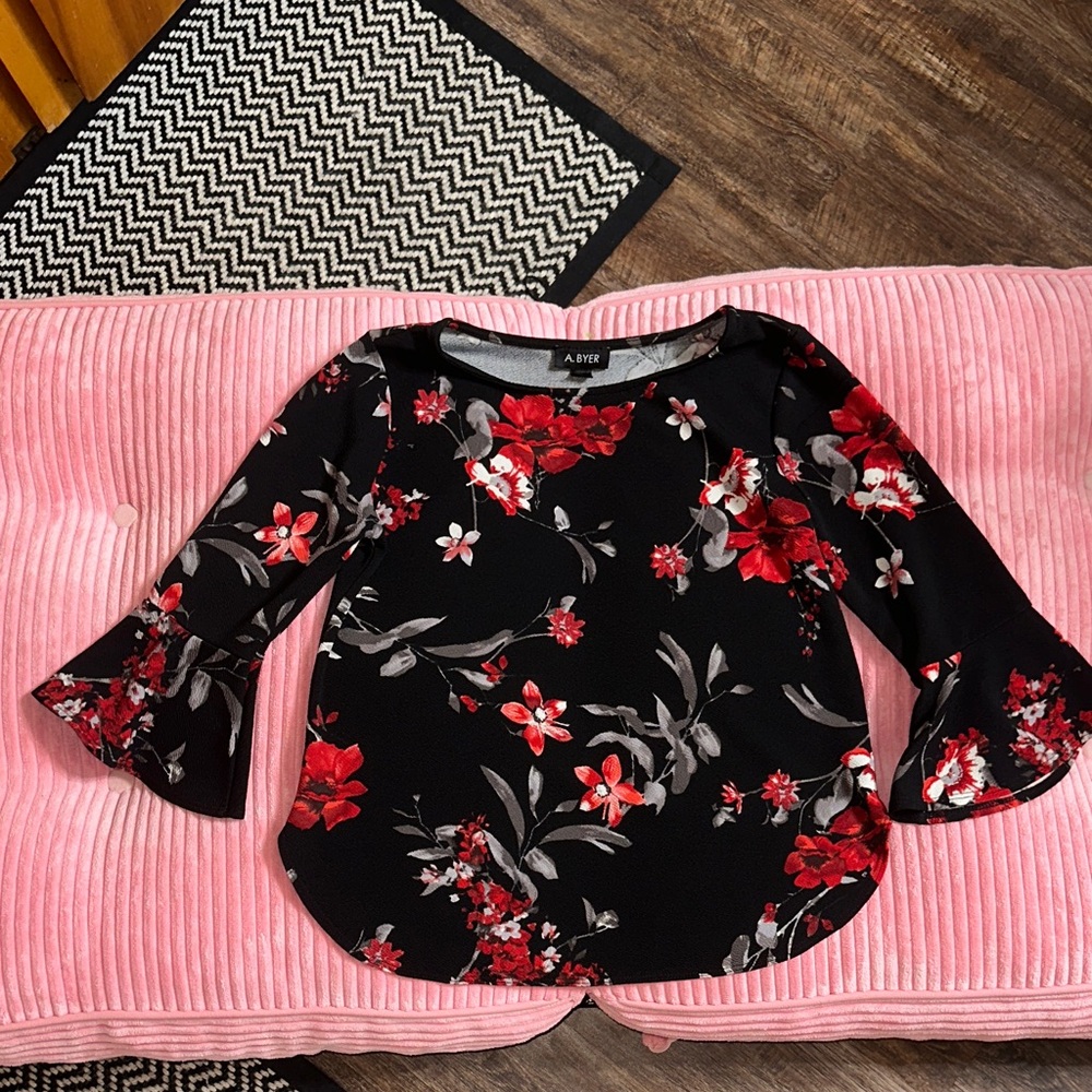 A. Byer Black and Red Floral Blouse
